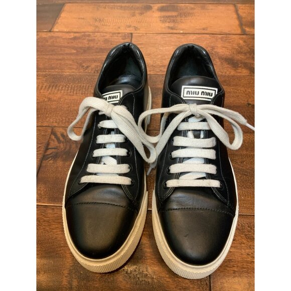 Miu Miu Black Leather And Rubber Lace Up Sneakers Size 39.5  Miu Miu Black Leather Lace-Up Low Top Sneakers, Size 9.5 | 39.5